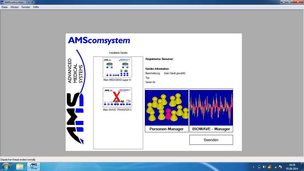 AMScomsystem Startbildschirm MEDISEND super III und WAVE transfer C